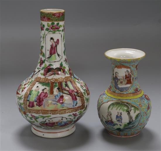 A 19th century famille rose vase and a famille rose bottle vase tallest 21cm